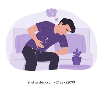 Man Sitting on Sofa and Suffering from Stomachache for Abdominal Pain Concept Illustration