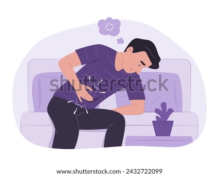 Man Sitting on Sofa and Suffering from Stomachache for Abdominal Pain Concept Illustration