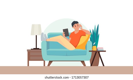 man sitting on sofa and talking telephone from home during corona virus pandemic quarantine in flat icon design
