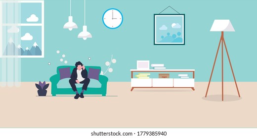 hombre sentado en un sofá de su habitación y disfrutando de su vida