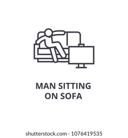 man sitting on sofa thin line icon, sign, symbol, illustation, linear concept, vector 