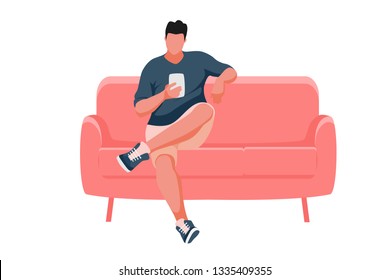 Man sitting on the sofa. Man using mobile phone. Vector illustration