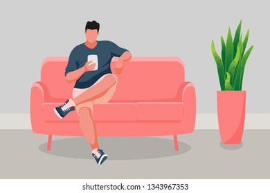 Man Sitting On The Sofa. Man Using Mobile Phone. Vector Illustration