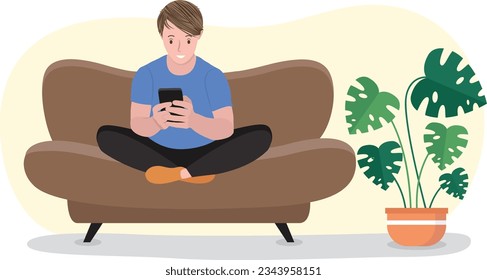 Man sitting on sofa using mobile phone. Man using smartphone device. Vector illustration.