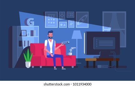 Man Sitting On Sofa And Watching Tv Vector Illustration In Flat Style.