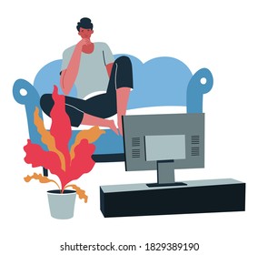 Man sitting on sofa and watching tv shows, isolated male character spending time at home. Guy in living room, staying alone at house. Entertainment on quarantine, daily routine, vector in flat style