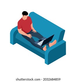 Man sitting on sofa and watching movie on laptop 3d isometric icon vector illustration