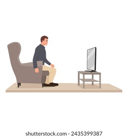 Hombre sentado en el sofá viendo la televisión. Ilustración vectorial plana aislada sobre fondo blanco