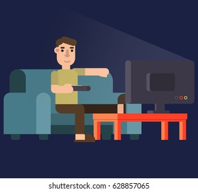 Man sitting on sofa watching tv at home at night flat vector illustration. Man in slippers with remote controller in his hand.
