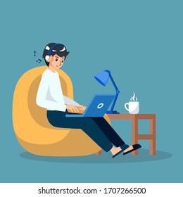 A man sitting on a sofa wearing music headphones and using a laptop in the house.Working at home concept.vector illustrator for poster banner and background.