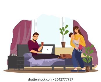 Man sitting on a sofa while woman walks nearby holding a baby in her arms. Cozy family home interior with warm atmosphere and parenting scene. Vector illustration.