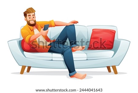 Man sitting on the sofa while using smartphone. Vector illustration isolated on white background