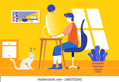 Man sitting on the sofa and working on the laptop. Freelancer home workplace. Work from home. Flat illustration. Vector. Computer