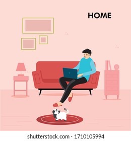 Man Sitting on Sofa And Working From Home With a Laptop Design