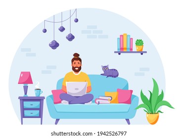 Man sitting on a sofa and working on laptop. Freelancer, home office  concept. Vector illustration