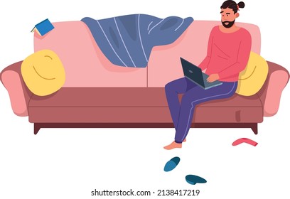 Man sitting on sofa and working on laptop from home. Freelancer character isolated on white background