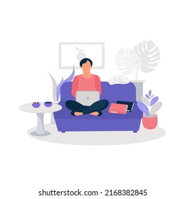 A man is sitting on a sofa and working on a computer. Freelance, remote work. A cat and documents are lying nearby. Vector illustration.