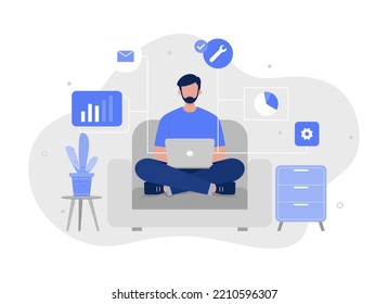 A man sitting on sofa and working from home illustration. cartoon businessman chatting with colleagues online via laptop computer. Modern vector flat illustration.