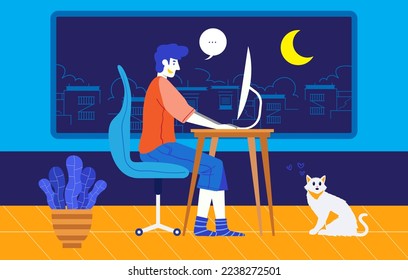 Man sitting on the sofa and working on the laptop. Freelancer home workplace. Work from home. Flat illustration. Vector. Computer. Night