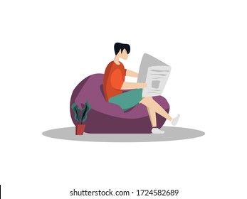 Hombre sentado en una bolsa de frijol suave leyendo ilustración del vector del periódico, fondo blanco, diseño plano, estilo de caricatura