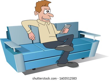 A man sitting on soft sofa with gadget. 