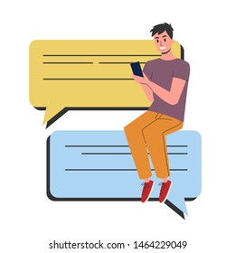 Man sitting on the speech bubble and chatting in smartphone. Online conversation. Smiling guy. Isolated vector illustration in cartoon style