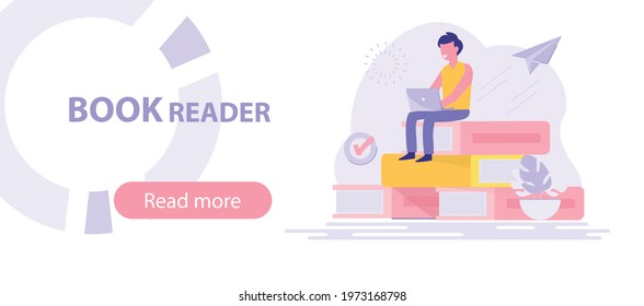 A man sitting on a stack of books and using his laptop. E-learning, webinar, online video training, distance learning concept. Vector
