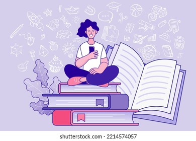 man sitting on stack of books and using computer. Student with mobile phone studying on online course. studying on internet. Student studying online. distance education. Vector outline illustration