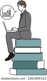 Un hombre sentado sobre un montón de libros y una gráfica