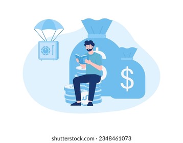 un hombre sentado en una pila de monedas con una bolsa de dinero en el fondo concepto tendencia ilustración plana