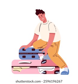 Man sitting on stack of suitcases to pack things. Happy guy packing clothes into two suitcases to prepare for flight. Travel mascot, cartoon tourist and luggage cartoon vector illustration