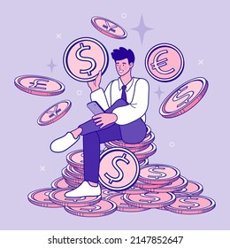 man sitting on stacked coins. Currency Exchange Service. Savings or income increase, growth. Business Coach Explaing Finance Strategy. Flat design vector outline illustration.