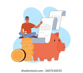 Man sitting on stacked coins with coffee cup, next to large piggy bank and big documents, flat cartoon style on abstract background. Concept of savings and financial planning. Vector illustration