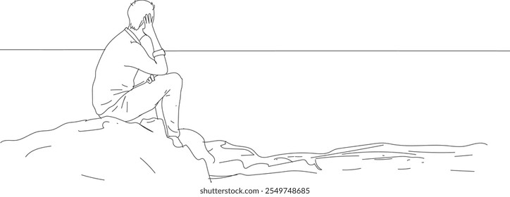 A man sitting on a stone beside of sea.. Line drawing 