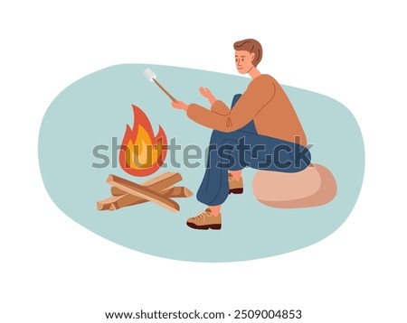 Man sitting on stone and And roasts marshmallows on bonfire. Outdoor Vector cartoon illustration isolated on white. Traveling man active recreation camping around campfire colors illustration