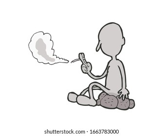 man sitting on the stone and smoking. cartoon vector.