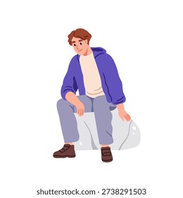 Man sitting on stone. Young male character on rock, looking down with thoughtful smile. Calm person seated, relaxing, resting in nature outdoors. Flat vector illustration isolated on white background