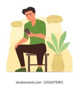Man Sitting on Stool and Chatting on Mobile Phone Concept Illustration