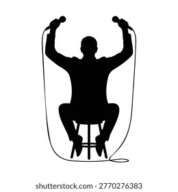 Man sitting on stool holding two microphones up in the air music performance