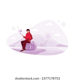 A man sitting on a suitcase takes a travel video on vacation with a view of the clear sky. Travel blogger. Content Creator concept. Trend Modern vector flat illustration
