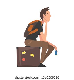 Man Sitting on Suitcase Waiting for Departure, Guy Travelling on Summer Vacation Vector Illustration