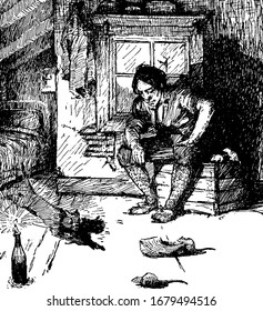 A Man Sitting On Table And Looking At Cat Jumping Towards Mouse, Mice Walking On Ground, Vintage Line Drawing Or Engraving Illustration