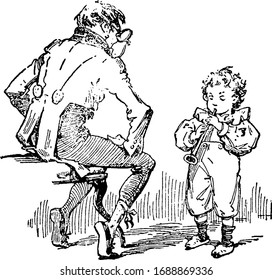 A man sitting on table and looking at child playing pipe, vintage line drawing or engraving illustration