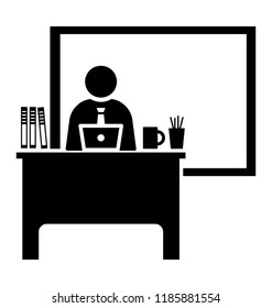 Man sitting on a table pretending to use computer with other stuff and board in picture offering computer tutor 