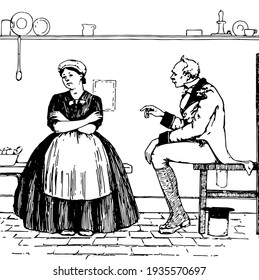 A man sitting on table and speaking to woman in maid dress standing near him, fruits in bowl behind her, vintage line drawing or engraving illustration