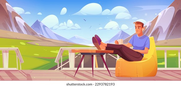 Man sitting on terrace with road and mountain view. Summer illustrated horizon with green grass meadows and mountains. Armchair on house terrace for morning coffee mug and relax with earphones music