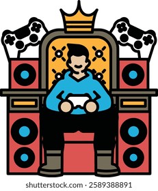 A man is sitting on a throne in front of a video game console. He is wearing a blue hoodie and he is enjoying himself. The scene is set in a room with a large speaker system