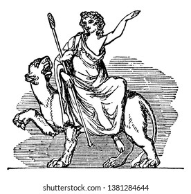 A man sitting on tiger with spear holding in one hand, vintage line drawing or engraving illustration.