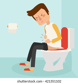 Man Sitting On The Toilet. He Is Suffering Of A Diarrhea And A Stomach Upset. Vector Illustration Isolated On White Background