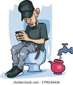 Man sitting on toilet with mobile phone vector .